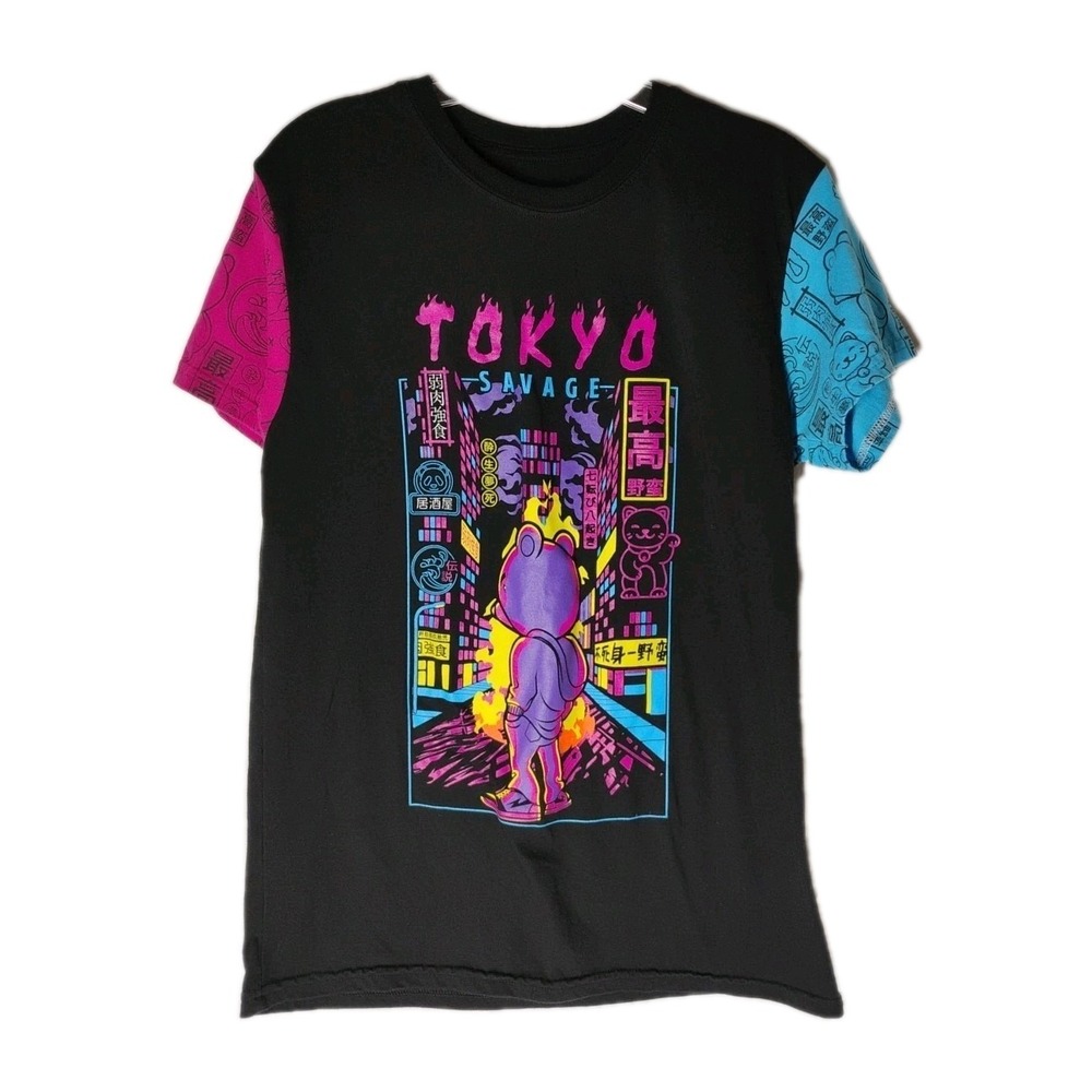 Fresh Laundry Tokyo Savage Mens MEDIUM Neon Bear Cat Shirt Anime